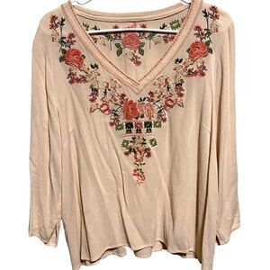 NO BRAND- Women’s Blush Pink Boho Blouse with Embroidered Florals, Size Large